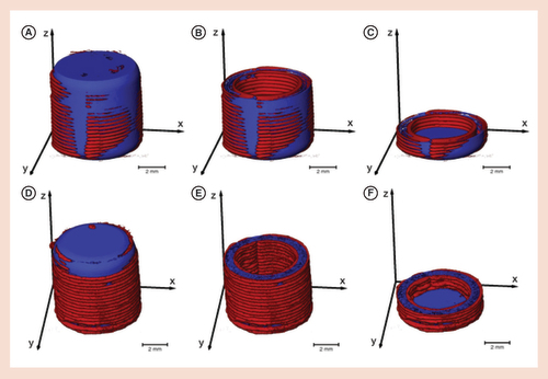 Figure 3. 3D representation of x-ray computed microtomography data and computer-aided design model.The blue regions represent domains where XμCT data indicate missing material according to the CAD model. The red regions represent domains where the XμCT data identifies deposited material outside the CAD model.CAD: Computer-aided design; XμCT: x-ray computed microtomography.Reprinted with permission from [Citation27].