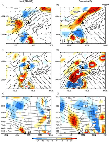 Fig. 3 Geopotential height (contour, units: gpm), QG frontogenesis [shading, units: 10−11 K (m s)−1] and horizontal winds (vector, units: m s−1) at (a, b) 500 hPa, and (c, d) 925 hPa and (e, f) the meridional–vertical cross-section of QG frontogenesis, potential temperature (thick contour, units: K) and pressure velocity (thin contour, units: Pa s−1) along 127.5°E at the maximum precipitation time for the representative two cases of RR-OT (Nari, 2007; left panel) and AIP (Saomai, 2000; right panel), respectively. The black triangle and TC symbol indicate the precipitating region and composite TC location, respectively.