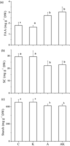Figure 5. Contents of FAA, SC of and starch in tubers of V. natans grown in different treatments at the end of the experiment. C: the control with tap water only; A: NH4+ enriched tap water; K: K+ enriched tap water; and AK: NH4+ and K+ enriched tap water. Values are the mean ± SD (n = 5). Different letters indicate significant differences (p < 0.05).