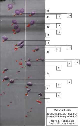 Figure 4. The two climbing routes: the sloper only route (purple) and the edge only route (red). F-RSD = French rating scale of difficulty.