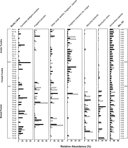 FIGURE 2. Comparison between the relative percent abundances of the most common diatom taxa in modern and preindustrial sediments for the 50 study lakes. Modern diatom abundances are represented by solid bars and fossil abundances by open bars. The lakes are separated into the three ecozones (arctic tundra, forest-tundra, boreal forest). Within each ecozone the lakes are organized in order of decreasing dissimilarity between surface and bottom diatom assemblages, as measured by the minimum Bray-Curtis Dissimilarity Coefficients (Min. DC). SL = Slipper Lake.