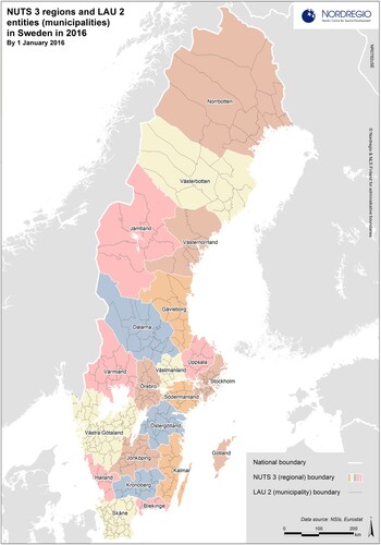 Figure 1. NUTS 3 regions and LAU 2 entities (municipalities) in Sweden in 2016. Source: Nordregio.