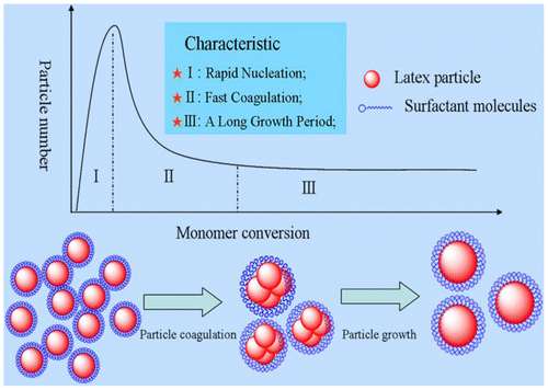 Figure 8. Schematic illustration of the relationship between the particle coagulation growth and the preparation of the narrowly dispersed polymer latex in the batch emulsion polymerization.