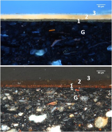 Figure 7. Cross-section photomicrographs under visible (below) and ultraviolet light (above) showing layers from the twelve-sided table. Photomicrographs by Herant Khanjian.