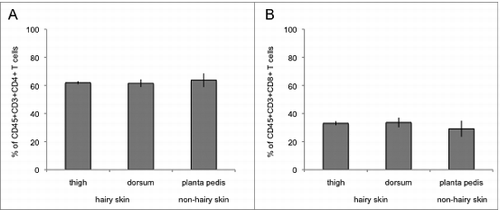 Figure 2. Characterization of allograft skin T cells at the 3 sampling areas on POD 5 using flow cytometry analysis. Skin T cells were isolated ex vivo and stained with antibodies against CD45, CD3, CD4 and CD8. Among the CD45+CD3+ T cell population around 60% were characterized as CD45+CD3+CD4+ T cells with no significant difference between the 3 sampling spots (thigh, planta pedis, dorsum) and the skin types (hair bearing vs hairless skin) (A). Around 30% of CD45+CD3+ T cells stained positive for CD8, again with no significant difference between the 3 sampling locations and the skin types (B).