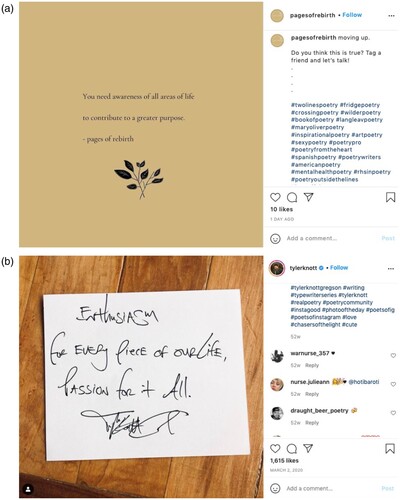 Figure 2. (a,b) Examples of axiomatic Instapoetry. Photos by @pagesofrebirth on 17 February 2021 and @tylerknott on 2 March 2020, Instagram. Screenshots taken by author on 18 March 2021.