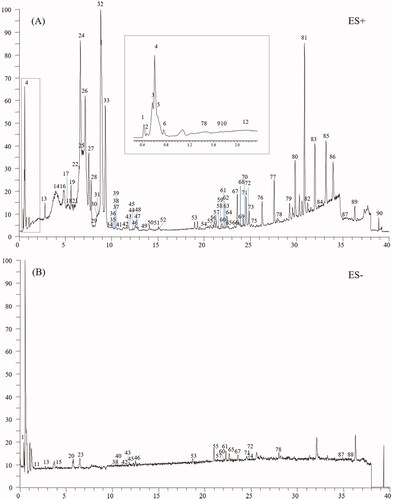 Figure 1. Total-ion chromatograms in the positive and negative modes of ZJP.