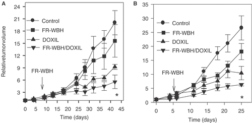 Figure 8. Effects of pre-treatment with FR-WBH followed by DOXIL treatment on the growth of human colon carcinomas in SCID mice. FR-WBH was given as indicated by arrows in the figure followed by DOXIL treatment (2 mg/kg). Two different tumors were studied in these experiments with similar results obtained: (A) human colon cell line HT-29; and (B) a patient-derived colon carcinoma (No. 9934-5p). The tumor growth inhibitions by DOXIL alone and by sequential FR-WBH and DOXIL treatment are significantly different (p < 0.01 at the time points marked by an asterisk (*).