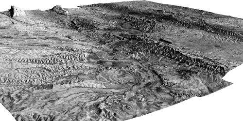 Figure 4. A three-dimensional surface model of the Tigris River Valley, northern Iraq. While the river valley and hundreds of sites within it are submerged by a reservoir today, the topography of the sites and the surrounding landscape can be recreated from a series of 1967 CORONA images.