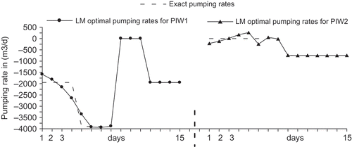 Fig. 4 Identified pumping rates for the aquifer of Fig. 1 under a non-uniform pumping. Data are perturbed to 5%.