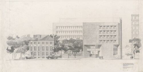Figure 10. Mitchell/Giurgola Architects, AIA Headquarters, Washington, DC. Elevation on New York Avenue showing a further revised 70–feet high Scheme III, dated June 22, 1968. Source: Mitchell/Giurgola Collections, The Architectural Archives, University of Pennsylvania (collection 267).