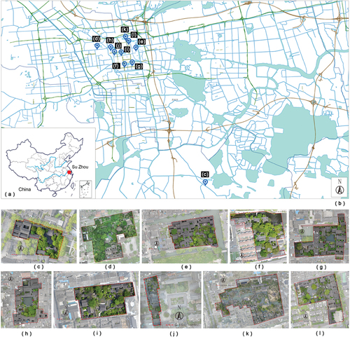 Figure 1. Investigation Site: (a) Location of Suzhou City, Jiangsu Province, China; (b) Location of the ten gardens within the site of garden mapping in Suzhou; (c) The Retreat and Reflection Garden; (d) The Lingering Garden; (e) The Couple’s Garden Retreat; (f) The Canglang Pavilion; (g) The Net Master’s Garden; (h) The Garden of Cultivation; (i) The Yi Garden; (j) The Mountain Villa with Embracing Beauty; (k) The Humble Administrator’s Garden; (l) The Lion Grove Garden.