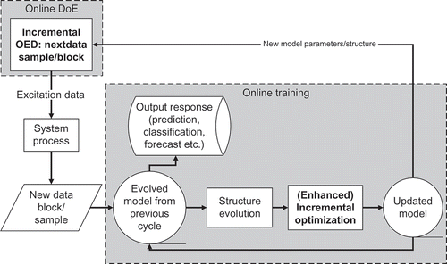 Figure 1. Generation of an optimal experiment design (OED) in an online procedure based on an evolving model.