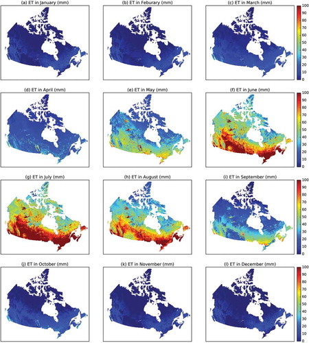 Figure 10. Mean monthly evapotranspiration (ET, mm) across Canada, 1979–2016