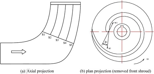 Figure 2. Schematic presentation of the impeller. (a) Axial projection (b) Plan projection (removed front shroud).