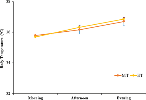 Figure 5. The body temperature (0C) of MT and ET groups in the morning, afternoon and evening hours.