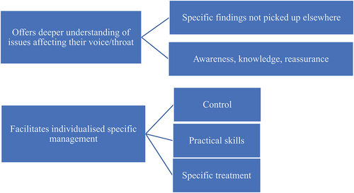 Figure 1. Themes (left) and categories (right) relating to the impact of physiotherapy in voice and throat care.