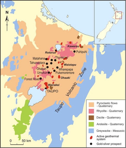 Figure 3. Geology and location of epithermal Au–Ag prospects and geothermal fields in the Taupō Volcanic Zone. See Table 5 for a list of the main epithermal Au–Ag occurrences.