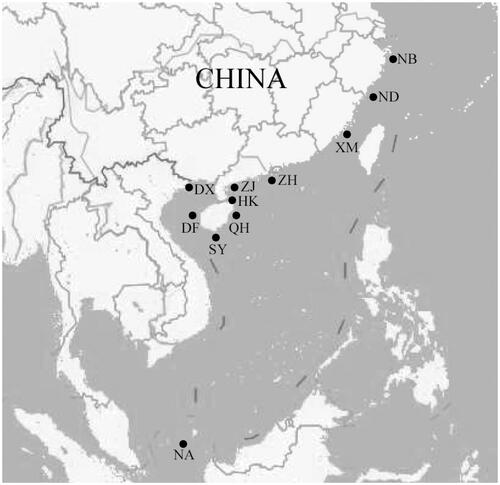 Figure 1. Locations of sample collection in present study. NB. Ningbo, the East China Sea; ND. Ningde, the East China Sea; XM. Xiamen, the East China Sea; ZH. Zhuhai, the South China Sea; ZJ. Zhanjiang, the South China Sea; HK. Haikou, the South China Sea; QH. Qionghai, the South China Sea; SY. Sanya, the South China Sea; DF. Dongfang, the South China Sea; DX. Dongxing, the South China Sea; NA. Natuna (Indonesia).