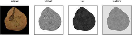 Figure 2. Example of a log end image of Scots pine before (“original”) and after converting the image to grayscale and applying the LBP operator to the image. The three different LBP methods considered here were “default,” “ror,” and “uniform” (see text for details).