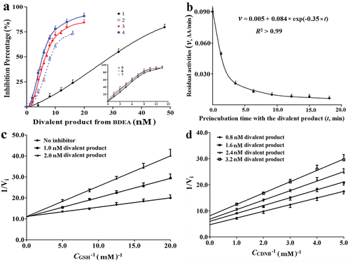 Figure 2. Binding kinetics to GSTM of BDEA and its divalent conjugate. (a) Effects of pre-incubation periods on the inhibition potency on GSTM of the purified divalent conjugate of BDEA. 1 for no pre-incubation; 3 for pre-incubation of 5.0 min with GSTM at 4.0 nM plus 1.0 mM GSH; 2, 4, 5, 6 and 7 indicated pre-incubation for 3.0, 5.0, 10, 20, and 30 min, with GSTM alone at 4.0 nM (without GSH), respectively. (b) Decrease of GSTM activities during reaction with the purified divalent conjugate from BDEA. Final GSTM was 20 nM while the final concentration of the purified divalent conjugate was 100 nM. An aliquot of the reaction mixture was withdrawn at an indicated time and rapidly mixed with an 8-fold volume of a solution of GSH and CDNB for final 1.0 mM to prevent the further formation of the divalence-binding complex and measure the residual activity of GSTM in 2.0 min. (c) Inhibition type of the divalent conjugate from BDEA on GSTM against GSH. From the changes of apparent maximum rates and apparent Michaelis–Menten constants, Kiv and Kik were estimated and the ratio of the larger one of Kiv and Kik to the smaller one was derived to discriminate the inhibition typesCitation35. (d) Inhibition type of the divalent conjugate of BDEA on GSTM against CDNB35. All data were repeated trice, and expressed as mean ± SD.