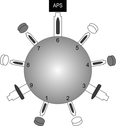 FIG. 2 Simplified upper view of the aerosol chamber showing the positions of the APS and the filters on the sampling ports (numbered 1 to 9). The PTFE and PC filters were switched from the grey to the white positions from one experiment to another; a single color represents a single type of filter. Ports 3 and 9 were not used in this study, so the valves are shown on the diagram as closed.
