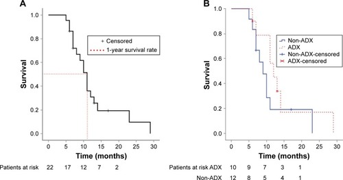 Figure 1 Kaplan–Meier survivor curves for all patients enrolled (A) and for both groups (B).