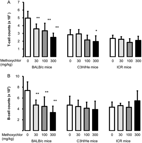 Figure 2.  Splenic lymphocyte levels. Level (i.e. counts) of (A) T-cells (CD3+) and (B) B-cells (CD19+) in spleens of female BALB/c, C3H/He, and ICR mice following MXC treatment. Values are expressed as mean ± SD (n = 7–8 per group). Value significantly different from the control (Dunnett’s multiple comparison test) at *p < 0.05 and **p < 0.01.