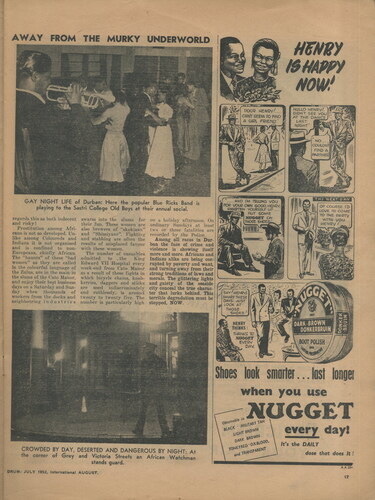Figure 3. Drum’s 1952 depiction of the two sides of the night in Durban. (‘Durban Exposed: City with Two Faces’, Drum, Johannesburg, July 1952, p. 17. Copyright © Baileys African History Archive / Africa Media Online / african.pictures.)