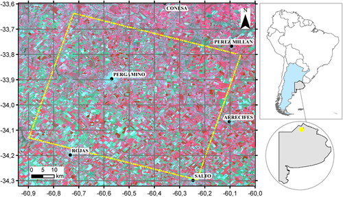 Figure 2. On the right side, in yellow, the study area location in the north of Buenos Aires province. On the left side, study area extension represented by the yellow rectangle (background: ‘color-infrared’ composite from Landsat-9 images acquired on March 27, 2022).