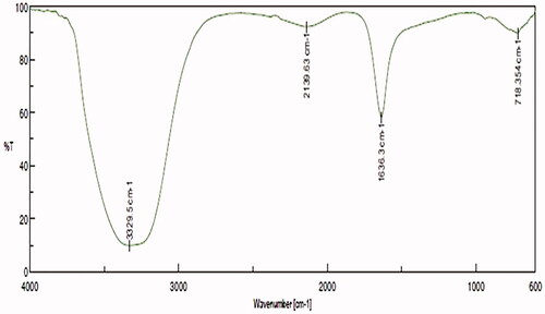 Figure 3. Characterization of biosynthesized Siberian ginseng gold nanoparticle. Fourier-transform infrared spectroscopy analysis of SG-GNPs.