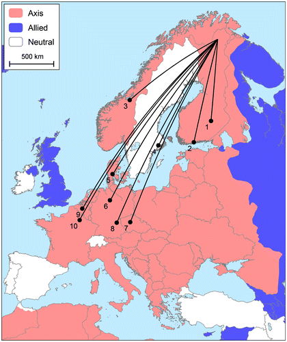 Figure 11. Provenances of artefacts encountered at Peltojoki base (numbering refers to the Table 2), and the maximum extent of Axis-related territories in 1942 (Note: modern borders) (illustration: Oula Seitsonen).