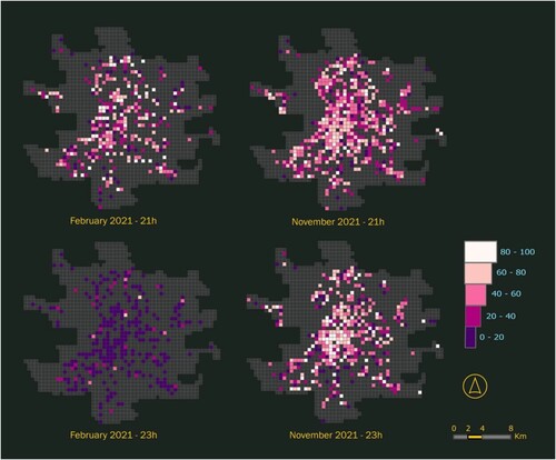 Figure 6. Distribution of occupancy in bars and restaurants broadcasting live (municipality of Madrid). Source: Prepared by the authors with data from Google Places.