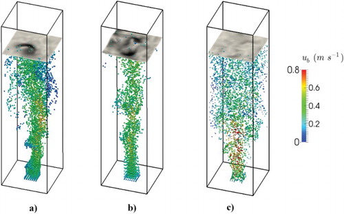 Figure 9. Instantaneous 3D view of bubble distribution over the bubble column for the studied cases to show the effect of the injection condition: (a) Case 1, (b) Case 2, (c) Case 3.