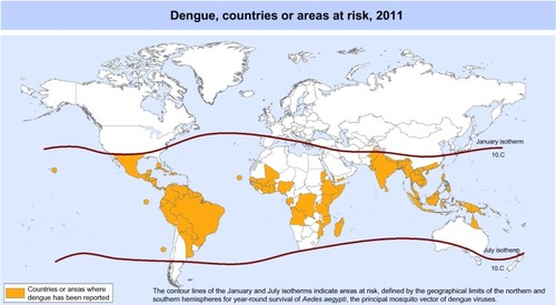 Figure 1 Countries or areas of the world where dengue was reported in 2011, as per data collected by the World Health Organization.Citation32