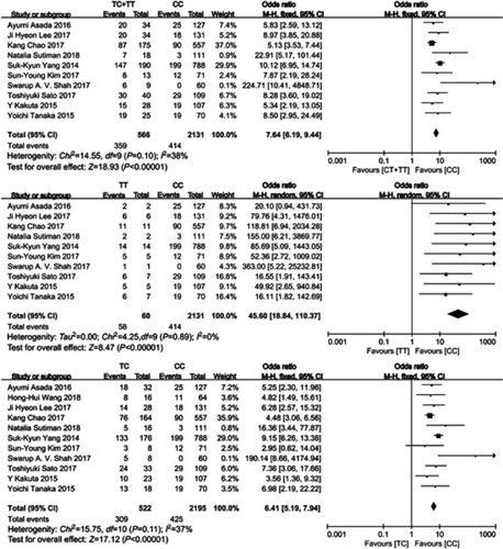 Figure 2 The forest plots for the meta-analysis of association between NUDT 15 c.415C > T polymorphism and risk of leukopenia in the dominant model and co-dominant model.