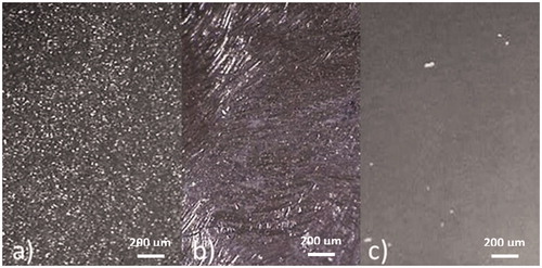 Figure 4. Inner surfaces of crowns, visualized in stereo microscope after (a) sandblasting, (b) grinding and (c) melt etching.