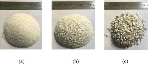 Figure 1. Glass powder for test (a) 20–100 mesh (b) 100–200 mesh (c) 200–500 mesh.