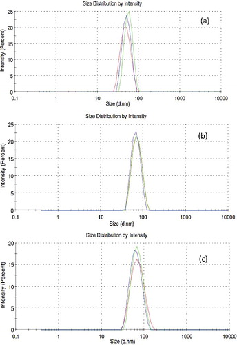 Figure 6. In situ nanoparticle size distribution in glycerol base fluid using DLS technique: (a) 20–30 nm, (b) 80 nm, (c) 100 nm.
