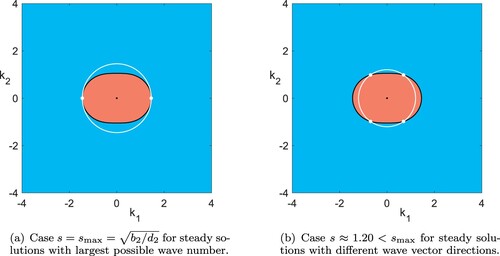 Figure 8. Signs of λ as defined in the dispersion relation (Equation25a(25a) λi=(b1−d1s2)ki,22+(b2−d2s2)ki,12,(25a) ) (red: λ>0, blue: λ<0, black: λ=0) and possible wave vectors for (Equation24(24a) v(t,x)=∑i=1Neλitψiki⊥withψi=αisin⁡(ki⋅x+τi),1≤i≤N,(24a) ) for a fixed wave number s>0 (white circles). White dots mark wave vectors of corresponding steady solutions. Fixed parameters are d1=1.0,d2=1.04,b1=1.1,b2=2.2, i.e. b1/d1≠b2/d2 (Colour online).