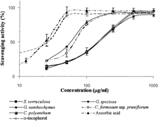 Figure 4 Comparison of free radical scavenging activity (%) of the chloroform leaves extracts of the six selected Thai plants and the standard antioxidants. Vertical bars represent the standard deviation of three replicates.