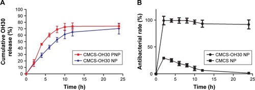 Figure 2 In vitro drug release curve and antimicrobial activity assay.Notes: (A) In vitro release profile of OH30 (plotted as a function of % cumulative release vs time) from CMCS-OH30 NP (mean ± SD, n = 3). (B) Representative antibacterial activities of CMCS-OH30 NP and CMCS NP against the E. coli (mean ± SD, n = 3). Three independent experiments were carried out and each tested points was triplicated in all experiments.Abbreviations: CMCS-OH30 NP, carboxymethyl chitosan nanoparticles; E. coli, Escherichia coli.