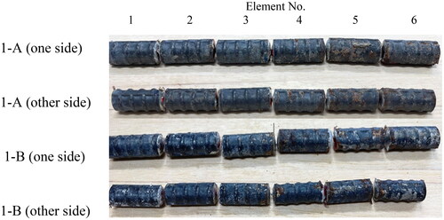 Figure 10. Visual observation of steel bars after breaking for 1-A and 1-B.