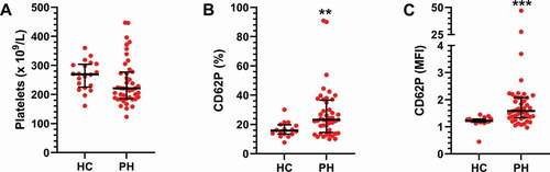 Figure 1. Circulating platelets are activated in pulmonary arterial hypertension patients. A) The number of platelets and B-C) their activation state were assessed in healthy controls (HC, N = 20) and PH patients (N = 48) by flow cytometry as described in Methods. A two-tailed Mann-Whitney test was used to calculate p-values. MFI = Mean fluorescence intensity. ** = p < .01 *** p < .001.