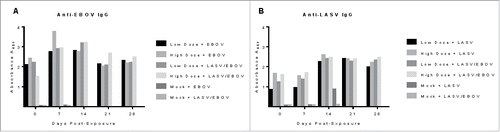 Figure 3. Antigen-specific IgG responses against EBOV and LASV in vaccinated guinea pigs receiving high dose (100 µg DNA) or low dose (50 µg DNA) multi-agent vaccine and exposed to EBOV alone, LASV alone, or EBOV and LASV in a simultaneous infection. (A) Levels of anti-EBOV IgG increased from the pre-exposure levels by day 7, then declined slightly by Day 21 and Day 28. (B) Levels of LASV IgG increased in all vaccinated animals by Day 14, and remained increased through the end of the study (Day 21). The Mock-vaccinated group that were exposed to LASV alone began to mount a LASV-specific IgG response as observed on Day 14, but these animals succumbed before Day 21.