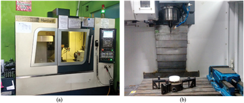 Figure 1. Machining setup for the experiment: (a) CNC Milling Harford LG 800; (b) UHMWPE on machine.
