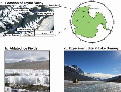 Figure 1. Overview of the experiment site. (a) Location of Taylor Valley within the McMurdo region of Antarctica. (b) Example of ablated ice field with significant sediment accumulation on the ice surface. (c) Lake Bonney experiment site in 2016 including tripod with meteorological equipment and Scott tent containing cavity ring-down spectroscopy equipment.