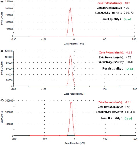 Figure 4. Zeta potential distribution of NP. (A) LLGCV-NP, (B) LDGCV-NP, and (C) DLGCV-NP.