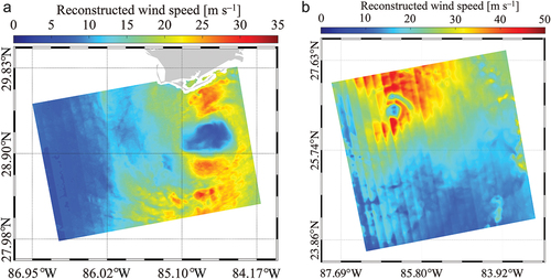 Figure 11. Maps of wind fields after the reconstruction over (a) TC Hermine and (b) TC Michael.