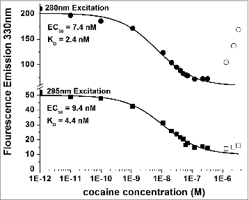 Figure 8. Titration of 5 nM h2E2 antibody with cocaine, with excitation at both 280 nm and 295 nm. Only data represented by filled symbols were used for fitting to obtain the indicated sigmoidal curves to derive the EC50 values. Note the y-axis brake in scale to allow visualization of the quality of the fitted curves for both sets of data on a single plot. KD values were calculated from the EC50 values and the antibody or Fab concentration as described in Methods. For the experiment shown in the figure (using the intact h2E2 mAb and 295 nm excitation), KD = EC50 – (0.5 × 2 sites/mAb × 5.0 nM mAb) = 9.4 nM – 5.0 nM = 4.4 nM = KD for cocaine binding to the h2E2 monoclonal antibody.